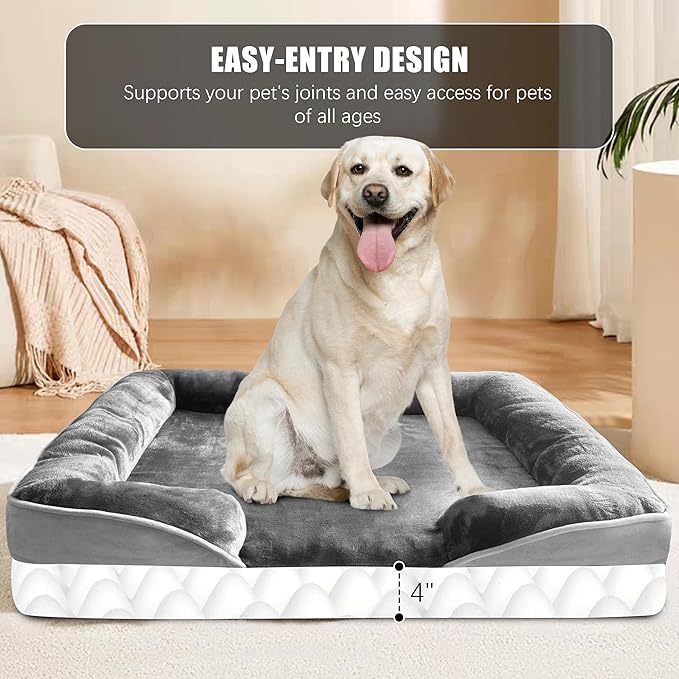 Spotted Play Orthopedic Dog Bed with Sides - Dog Sofa Beds for Extra Large Dogs, Supportive Foam Pet Couch Bed with Washable Removable Cover, Waterproof Lining and Non-Slip Bottom, Grey - XL