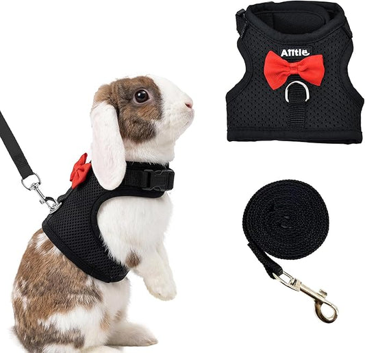 AIITLE Rabbit Harness and Leash Set with Cute Bow, Soft Breathable Mesh Vest Harness for Rabbits Kitten Ferret Puppy Small Pets Walking Supplies Black L