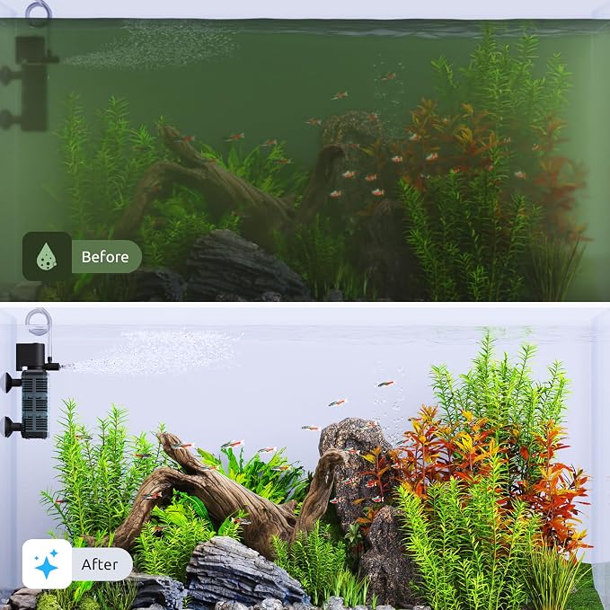 SEAOURA Quiet Internal Aquarium Filter 100GPH Water Pump for 5-15 Gallon Fish Tanks Aeration System | Built-in Aeration Oxygen System Stable Circulation Pump Detachable Washable Filter Sponge Compact Submersible Internal Design