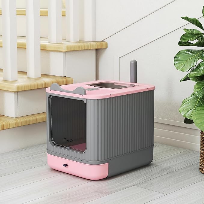 PawHut Cat Litter Box with Lid, Enclosed Litter Box for Medium Cats, Front-Entry and Top-Exit, Scoop, Deodorizer Bag, Easy Clean & Non-Sticky, Anti-Leakage, Pink
