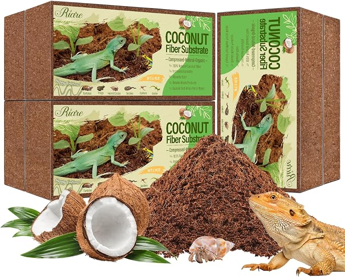 Riare 6 Pack Natural Coconut Fiber Substrate, Coco Coir Reptile Bedding | Coconut Husk Reptile Substrate for Tortoises, Hermit Crabs, Snakes, Bearded Dragon, Geckos, Reptile Enclosure/Terrarium Setup