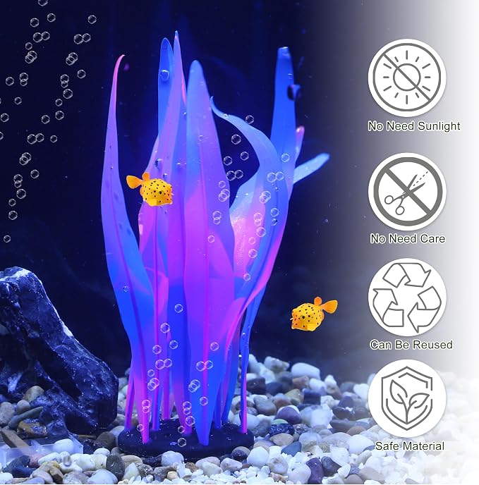 Aquarium Glowing Kelp Plant, Soft Silicone Glowing Decorations Blue 2pcs