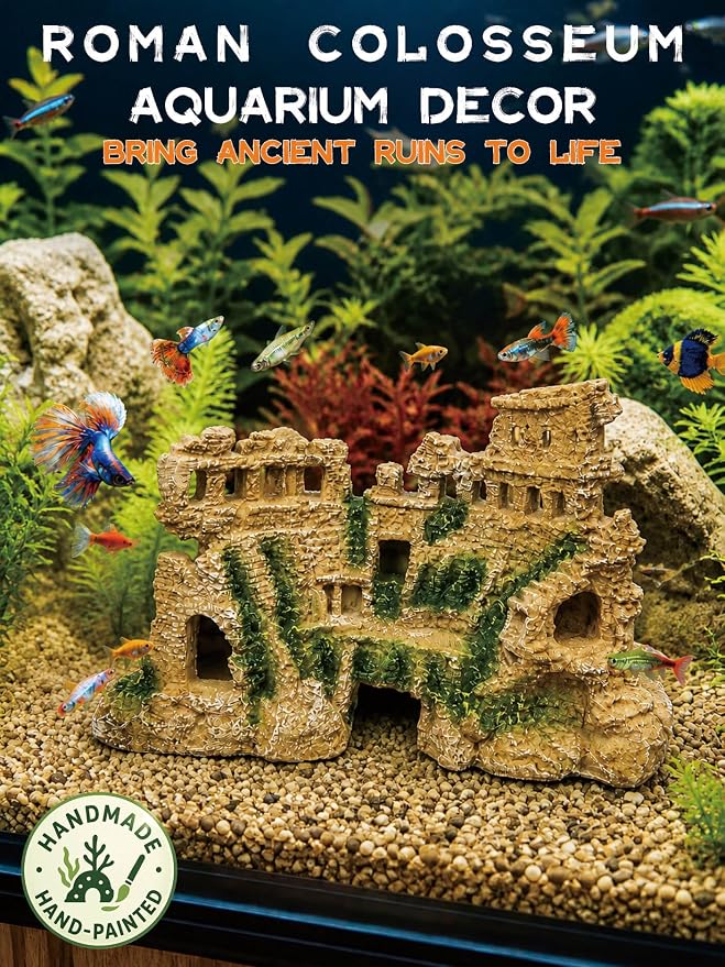 Fish Tank Decor - Antique Roman Column Ruin Ornament for Aquarium, Aquarium Hideout with European Castle Texture for Betta, Guppy, Shrimp - Safe Aquatic Decoration, Fish Hiding House