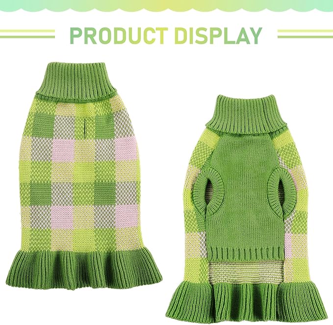 Dog Sweater Dress Plaid Knitwear for Small Medium Dogs Warm Puppy Pet Turtleneck Stretch Pullover Cute Fall Winter Vest Clothes with Leash Hole for Christmas (Green, M)