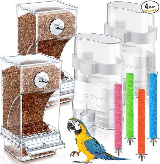 Yaomiao 8 Pcs No Mess Small Bird Feeders Automatic Parakeet Water Dispenser with 4 Pcs Cage Perch Clear Quail Feeder and Watered Cage Accessories for Small and Medium Parakeet Cockatiel Canary(Clear)