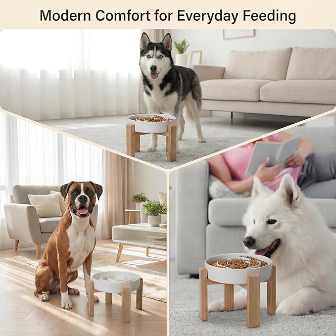 Elevated Slow Feeder Dog Bowl Large Breed, 8.8 Inch Ceramic Slow Eating Bowl with Screw-Assembled Bamboo Stand, Anti-Choking Raised Maze Design for Medium to Large Dogs, 3.2 Cup, White