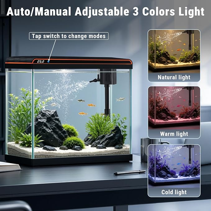 20 Gallon Glass Fish Tank, Betta Smart Aquarium Kit, Large Aquarium Starter Kits Self Cleaning with 3 Types of LED Lights and Filter Water Pump, Water Temperature Detection Ultra Quiet Gift for Kid