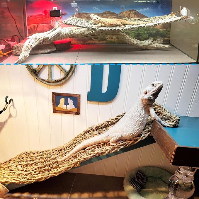kathson Bearded Dragon Large Hammock,Lizard Lounger 29.53x7.08inches Natural Seagrass Fibers Pet Recliner Flexible Vine Decoration for Gecko Chameleon Snakes (4 PCS)