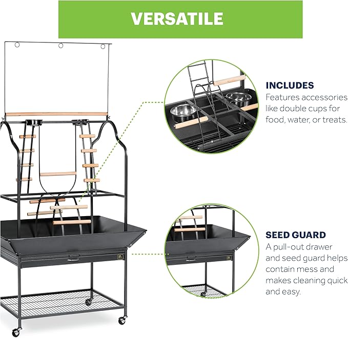 Prevue Pet Products Parrot Play Stand with Wheels - Rolling Bird Stand Play Center with Perches and Ladders, Indoor & Outdoor Playground for Birds with Swing, Enrichment Accessories - Black