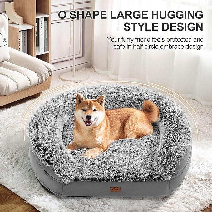 iweepet 3.7 inch Thickened Orthopedic Dog Beds for Large Dogs, Fluffy Supportive Dog Sofa Bed with 28D Egg-Crate Foam, Removable Washable Plush Cover, Waterproof Lining, Cozy Oval Design, Grey