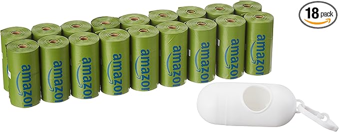 Amazon Basics Premium Leak Proof Dog Poop Bags with Dispenser and Leash Clip, Talcum Powder Scented, 13" x 9", 270 Count (18 Rolls of 15)