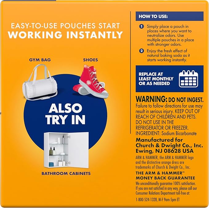 Arm & Hammer Fresh Effects Odor Neutralizing Baking Soda Pouches, Unscented Deodorizer for Long Lasting Freshness in Shoes, Gym Bags, & Small Spaces, 5 count