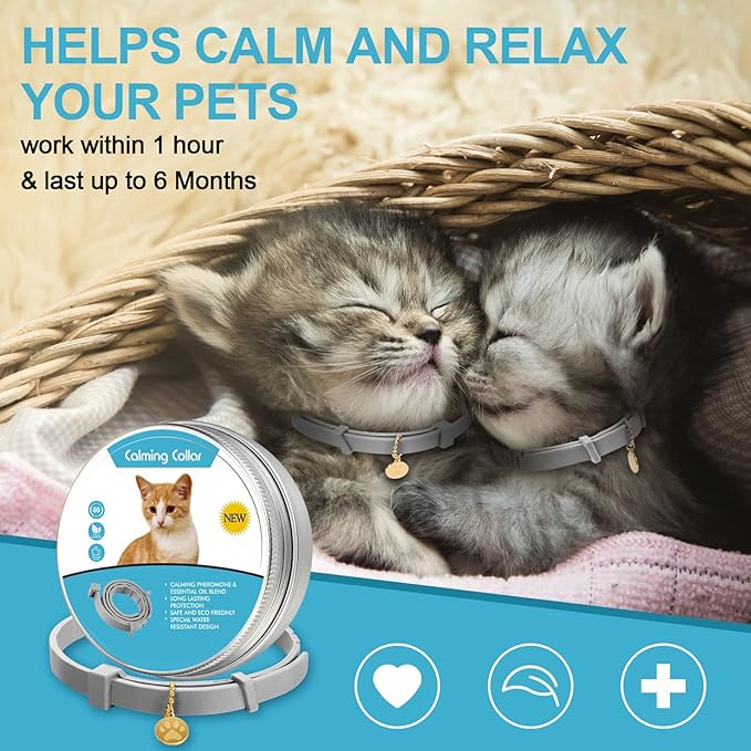 Weewooday 4 Pcs Cat Calming Collar Adjustable Pheromones Scent Relaxing Cat Collar with 2 Pendant for Puppies Reduce Stress Aggression Anxious, up to 15 Inches(Grey, Silver)