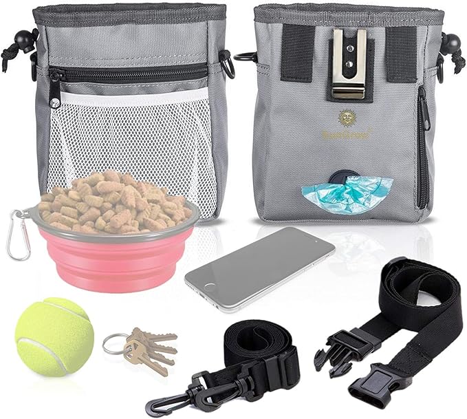 SunGrow Dog Travel Pouch, Training Bag for Treats, Kibbles, Toys & Accessories, Gray, Multiwear and Weather-Proof, 1 Pouch with Adjustable Shoulder Strap and Waist Belt
