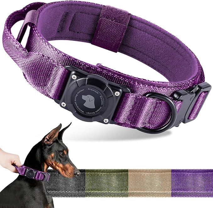 2026 Upgrade Waterproof AirTag Dog Collar, Military Tactical Dog Collar with AirTag Holder, Comfortable Control Handle and Metal Buckle, GPS Dog Collar Holder for Medium to Large Dogs (Purple, M)