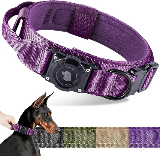 2026 Upgrade Waterproof AirTag Dog Collar, Military Tactical Dog Collar with AirTag Holder, Comfortable Control Handle and Metal Buckle, GPS Dog Collar Holder for Medium to Large Dogs (Purple, M)