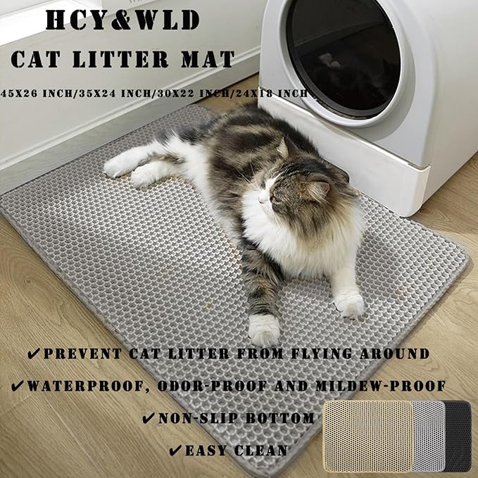 HCY&WLD Cat Litter Mat, 45x26 Inch Extra Large&Long Double Layer Cat Litter Box Mat, EVA Non-Slip, Waterproof Urine Proof Cat Litter Catcher Mat, Easy Clean Scatter Control (45x26 Inch, Black)