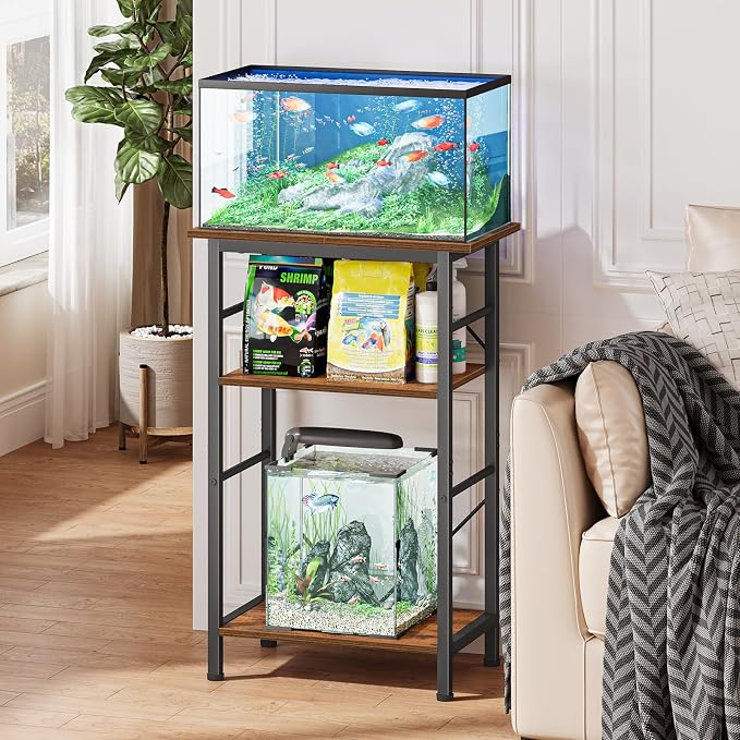 Snughome 5-10 Gallon Aquarium Stand, 3 Tier Fish Tank Stand with Storage, Fish Tank Stand with Metal Frame, Reptile Turtle Tank Stand for Home Office, 20.47" x 11.02" x 30.52", Rustic Brown