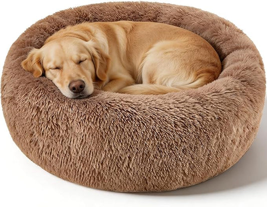 Dog Calming Beds for Medium Large Dogs - Round Donut Washable Dog Bed, Anti-Slip Faux Fur Fluffy Donut Cuddler Anxiety Cat Bed(36" Khaki)