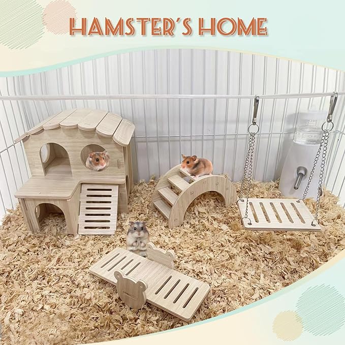 Wood Hamster House, Fun Tiny Hamsters Hideout, Detachable Double-Decker Hut for Dwarf Gerbil Mouse Mice Rat Small Animals(Only for Small Hamster)