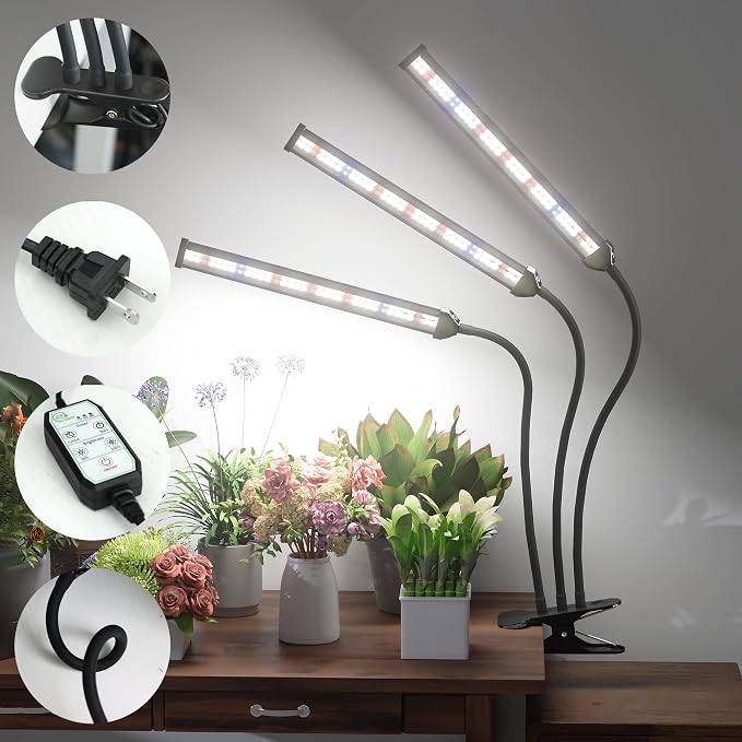 Grow Light,24W (160Watts Equiv) 5000K White Full Spectrum LED Growing Lamp Clip on Desk for Indoor Plants,Bulbs Replaceable & Non-dimmable (Black, 120Watts)