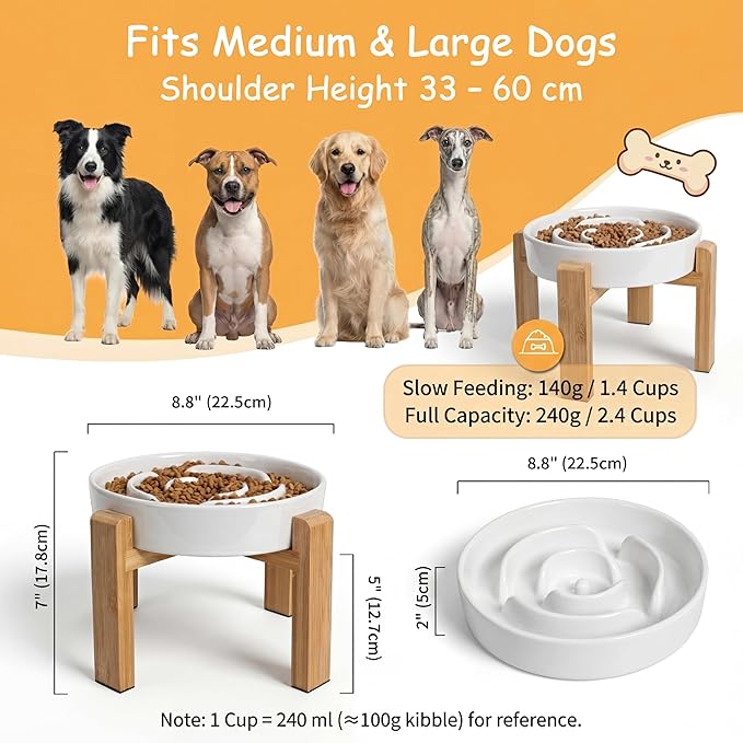 Elevated Slow Feeder Dog Bowl Large Breed, 8.8 Inch Ceramic Slow Eating Bowl with Screw-Assembled Bamboo Stand, Anti-Choking Raised Maze Design for Medium to Large Dogs, 3.2 Cup, White