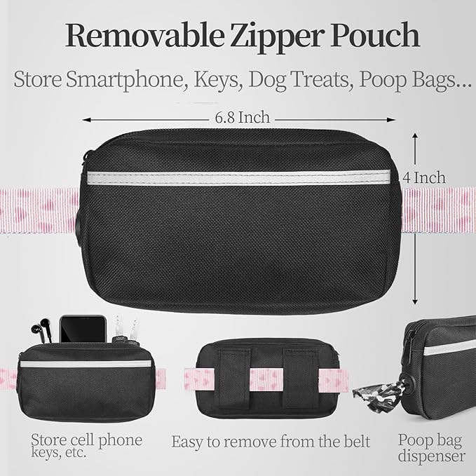 iYoShop Hands Free Dog Leash with Zipper Pouch, Dual Padded Handles and Durable Bungee for Walking, Jogging and Running Your Dog (Pink Heart, Large)
