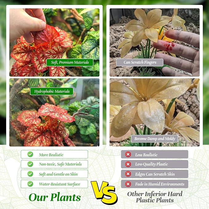 5 Pc Reptile Plants & Habitat Decor Kit - 3 Artificial Plants & Large 3.3ft Jungle Vine Branch, Amphibian Habitat Hideout Decor Accessories for Crested Gecko, Bearded Dragon, Lizard, Snake,Hermit Crab
