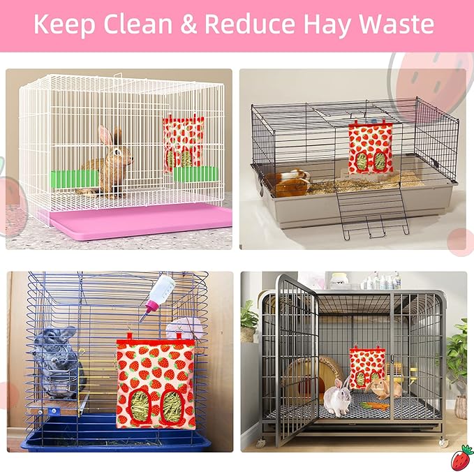 Rabbit Hay Feeder, Hanging Guinea Pig Hay Feeder Bag for Bunny Chinchilla Hamster with Back Hooks, 2 Holes, 9.8x11.4Inch
