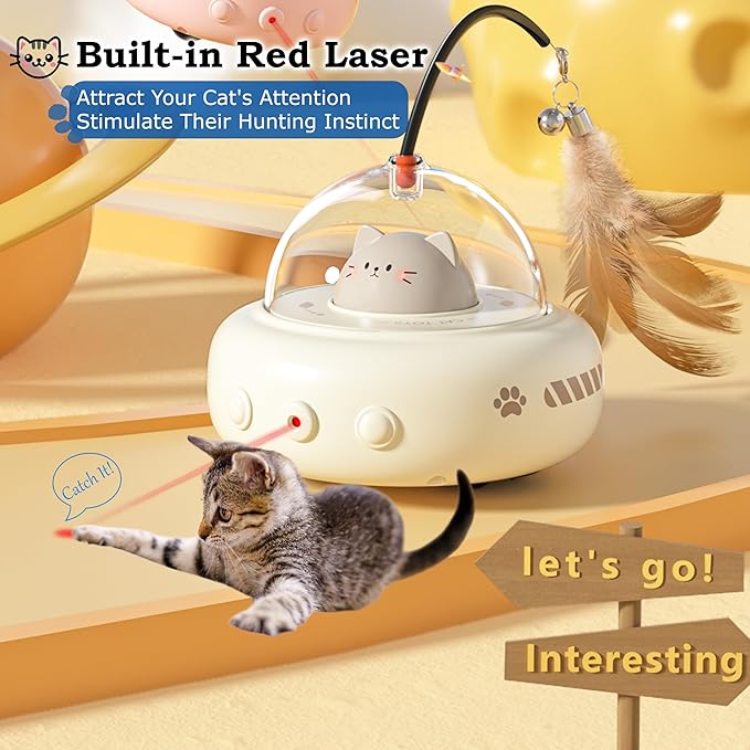 hooroor 2-in-1 UFO Laser Cat Toy with Feather, Automatic Motion Smart Sensor Interactive Toy for Indoor Cats&Small Dogs, Rechargeable Obstacle-Avoidance Exercise Toy, Self-Play Pet Gift White