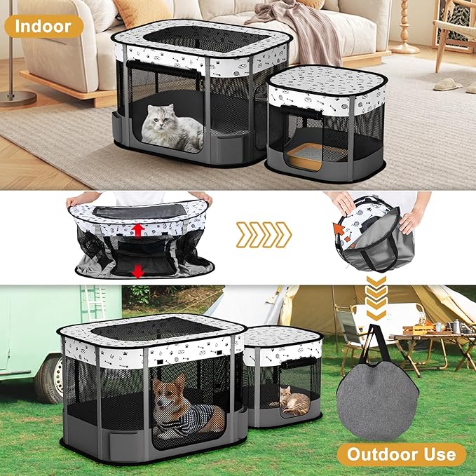 Portable Cat Playpen, 8-Rod Reinforced Kitten Dog Puppy Playpens, Foldable Play Pen for Indoor Cats Enclosed Pet Kitty Doggy Outdoor, Collapsible Tent Kennel Cage Corral
