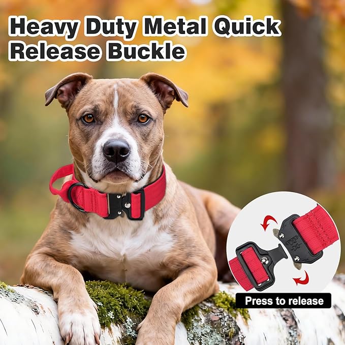 Joytale Tactical Dog Collar for Large Dogs with Control Handle, Heavy Duty Military Training Collar for Power Breeds, AirTag Holder Case, Quick Release Metal Buckle, Soft Padded, L, Red