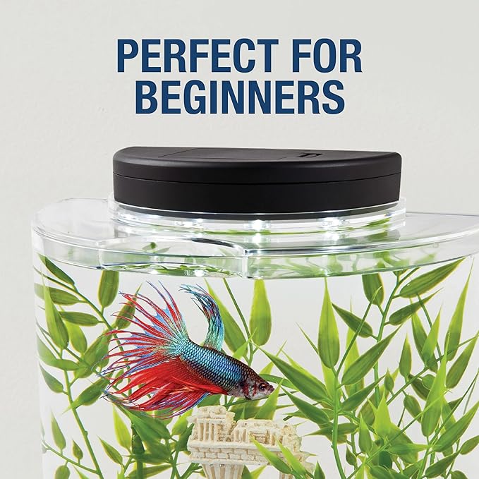Tetra LED Half Moon Aquarium Kit, 1.1 Gallons, Small, Clear Plastic Fish Tank With Curved Front, Easy Feeding And Movable, Energy-Efficient LEDs Ideal For Bettas Great As Desk Aquarium