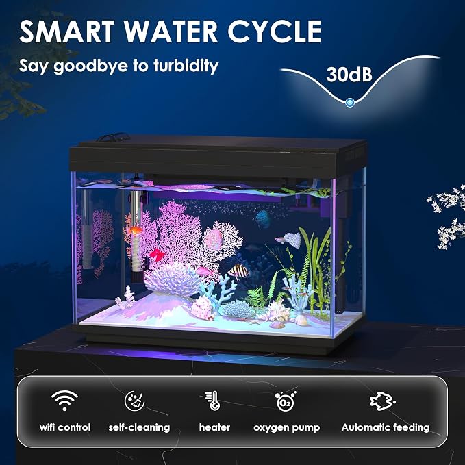 Smart Fish Tank Starter Kit with Smart Temperature Display & Wireless Control, 5.8 Gallon Fish Tank Self Cleaning, 3-in-1 Quiet Filter Pump, 7-Color LED, Heater, Feeder for Beginner Aquarium