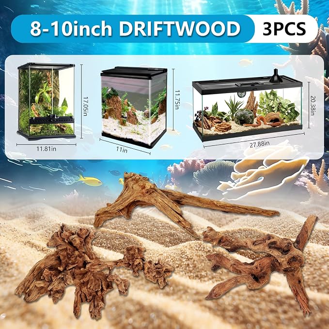3 PCS Large Natural Aquarium Driftwood 8-10", Aquarium Drift Wood for Fish Tank Decoration, Assorted Size Mopani Wood Twisted Branches Trunk Decor for Freshwater, Reptile Terrarium