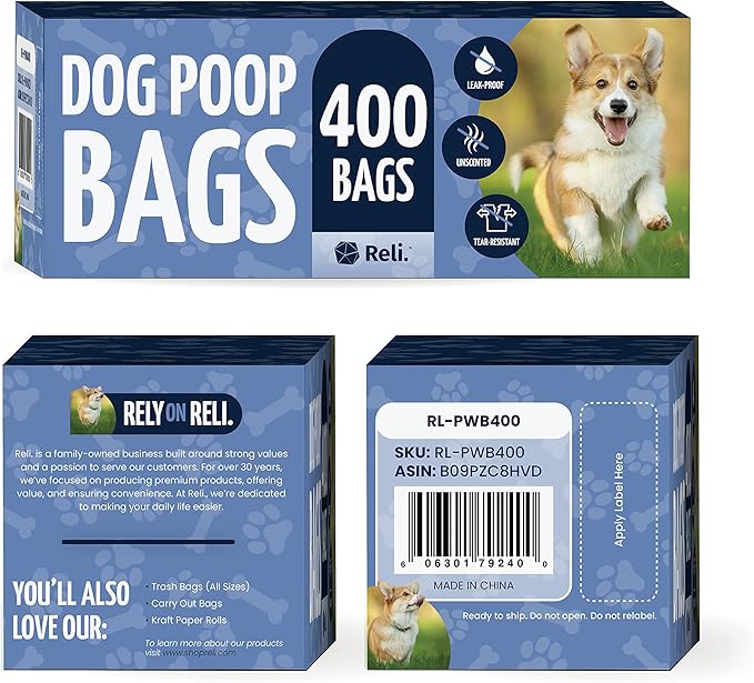 Reli. Dog Poop Bags (400 Bags - Large Single Roll) | Dispenser Box | 9x13" Large Doggie Poo Sack | Use for Yard Pickup | Bulk Single Roll | Unscented, Leak Proof (Black)