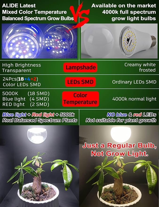 Full Spectrum Plant Grow Light Bulbs Small Base E12 Candelabra,2PCS | Balanced Red Blue Yellow 5000K White Plant Growing Lamp Bulbs for Indoor Seeds Greens Laboratory,School,Greenhouse