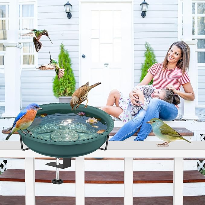 Bird Baths for Outdoors, Rustproof Metal Clamp Birdbaths & Birdfeeder with Detachable Plastic Basin, Outdoor Bird Feeding & Watering Station for Wild Birds Garden Patio Balcony (Green)