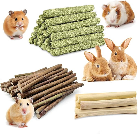 WDEFUN Natural Pet Chew Toys Set - 20 Timothy Hay Sticks 20 Apple Tree Branches 5 Sweet Bamboo, Safe Chewing Toys for Rabbit, Guinea Pig, Hamster, Chinchilla, Gerbil - Teeth Grinding & Boredom Relief