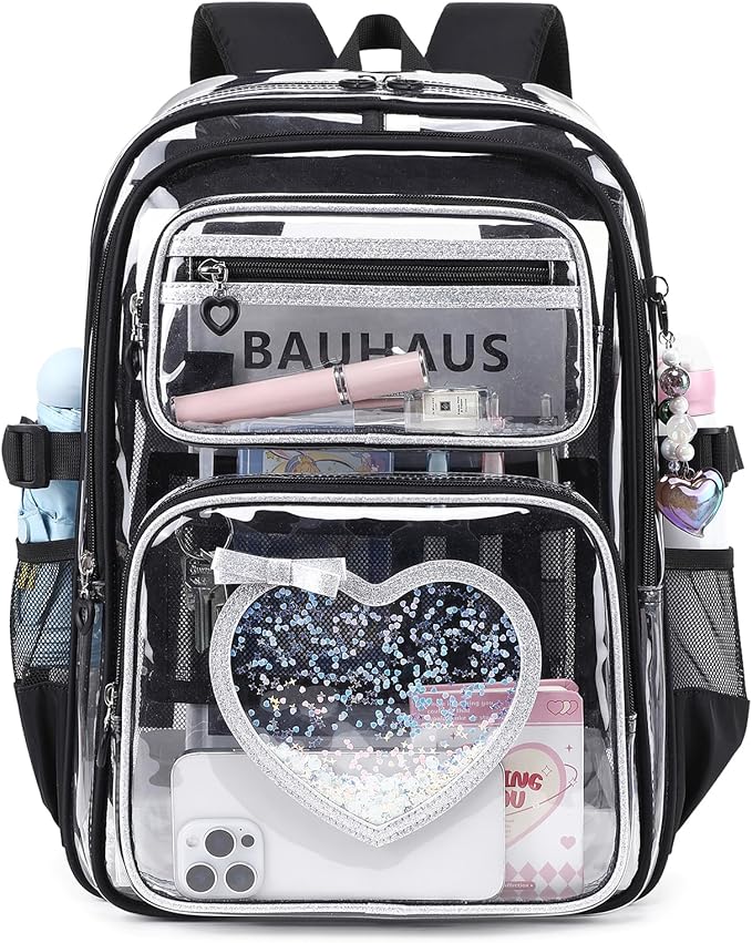 Clear Backpack for School Girls, Cute Heavy Duty PVC Transparent Bookbag, See-Through Bag for Stadium Event Black