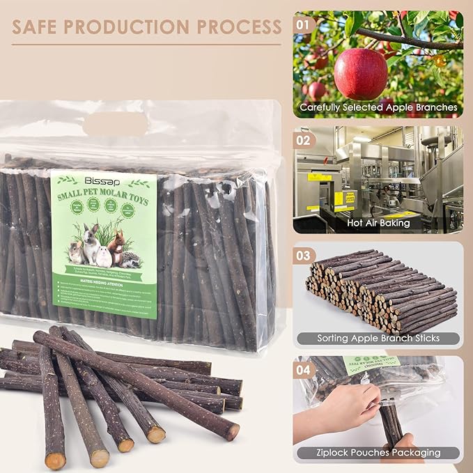 Bissap Apple Sticks for Rabbits, Natural Bunny Chew Toys and Treats for Chinchilla Guinea Pig Hamster Gerbil Small Animals Pet Apple Wood Stick Toys Teeth Grinding (940g/2lb)