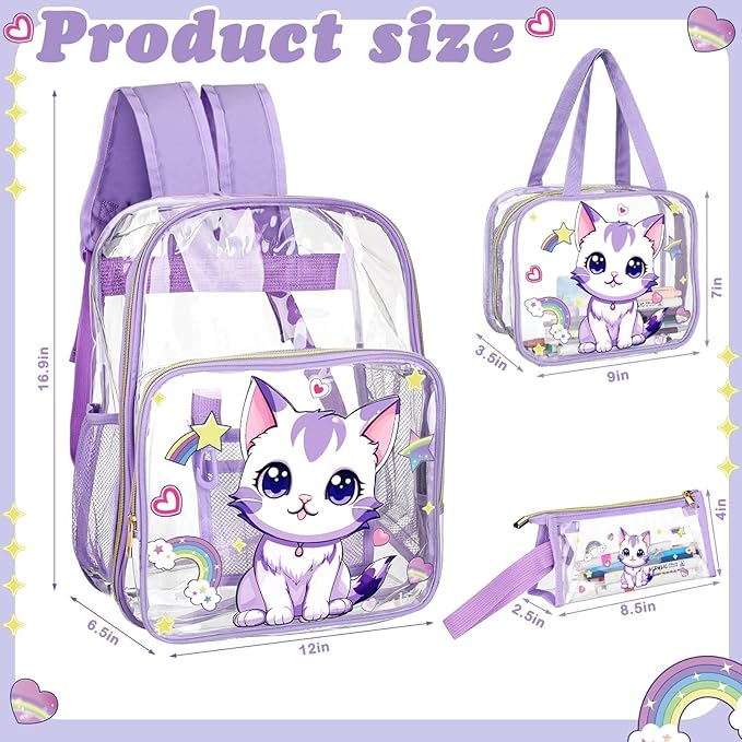 Kacctyen 3 Pcs Clear Backpack Heavy Duty Clear Stadium Bag Transparent Backpack with Lunch Bag(Purple,Cat)