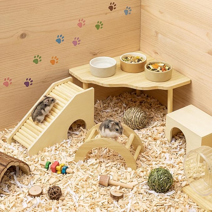 BreezeHug 4 Pcs Hamster Platform Hideout Wooden Tunnel Ladder Playhouse Hamster Game Climbing Toy with Platform Cage Accessories for Pets Dwarf Syrian Mice Degus Gerbils Squirrel(Log Cabin)