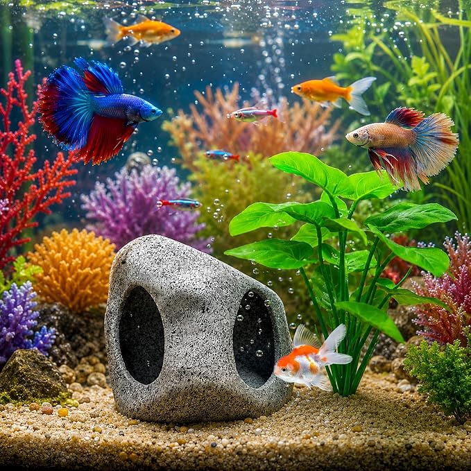 Fish Tank Decor, Aquarium Decor Set Betta Fish Tank Decorations with Artificial Green Plants & Hideaway Rock Cave for Betta Goldfish Turtle Reptile Decoration
