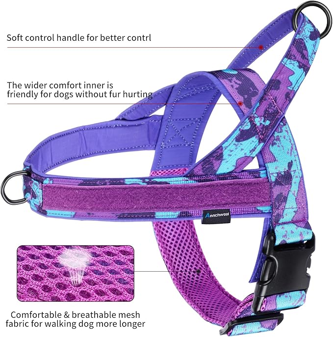 Annchwool No Pull Dog Harness with Soft Padded Handle,Escape Proof and Quick Fit to Adjust Dog Harness,Easy for Training Walking for Small & Medium and Large Dogs(Camo Purple,S)