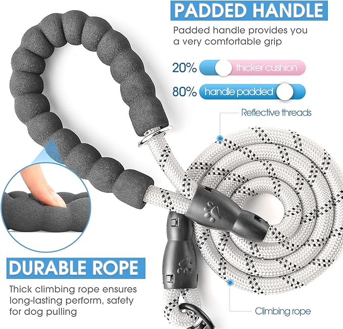 BAAPET 2/4/5/6 FT Dog Leash with Comfortable Padded Handle and Highly Reflective Threads for Small Medium and Large Dogs (6FT-1/2'', Silver)