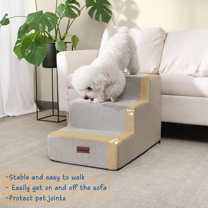 Aodisman Dog Stairs for Small Dogs & Cats, 3-Step Extra Wide Non-Slip Pet Steps for Couch Sofa and Chair, Light Grey, 15.7" H