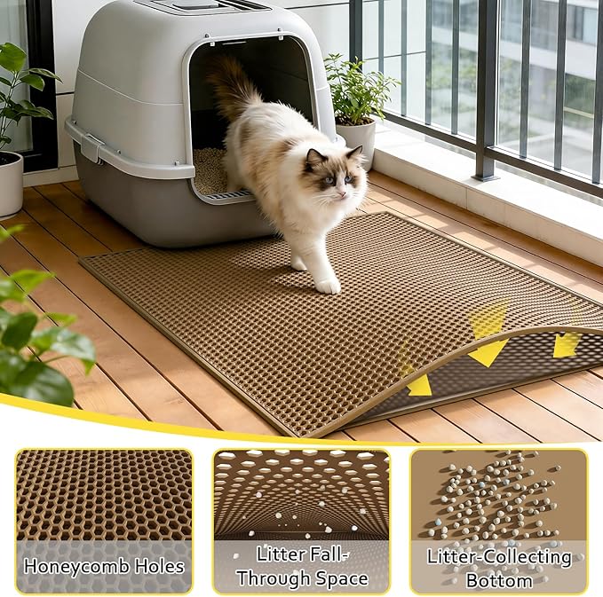Cat Litter Mat, 30"X24" Large Double Layer Litter Trapping Mat, Waterproof/Urineproof, Easy to Clean Kitty Litter Mats for Floor, Scatter Control (Brown-1Pack)