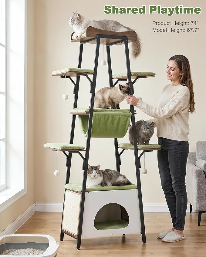 74-Inch Modern Cat Tree Tower for Large Cats, Multi-Level Cat Tower with Scratching Board, Large Perch, Hammock, Removable Pads, Green