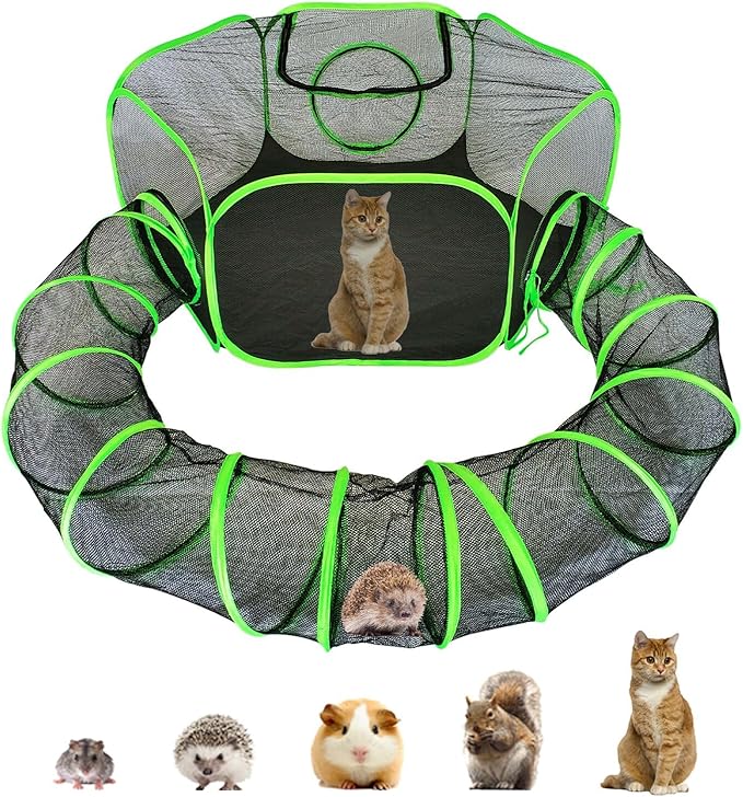 Small Animal Playpen Guinea Pig Hedgehog Cage Rabbit Cage with Fun Surround Tunnel Breathable & Transparent Pop Open Exercise Yard Fence with Top Cover Anti Escape
